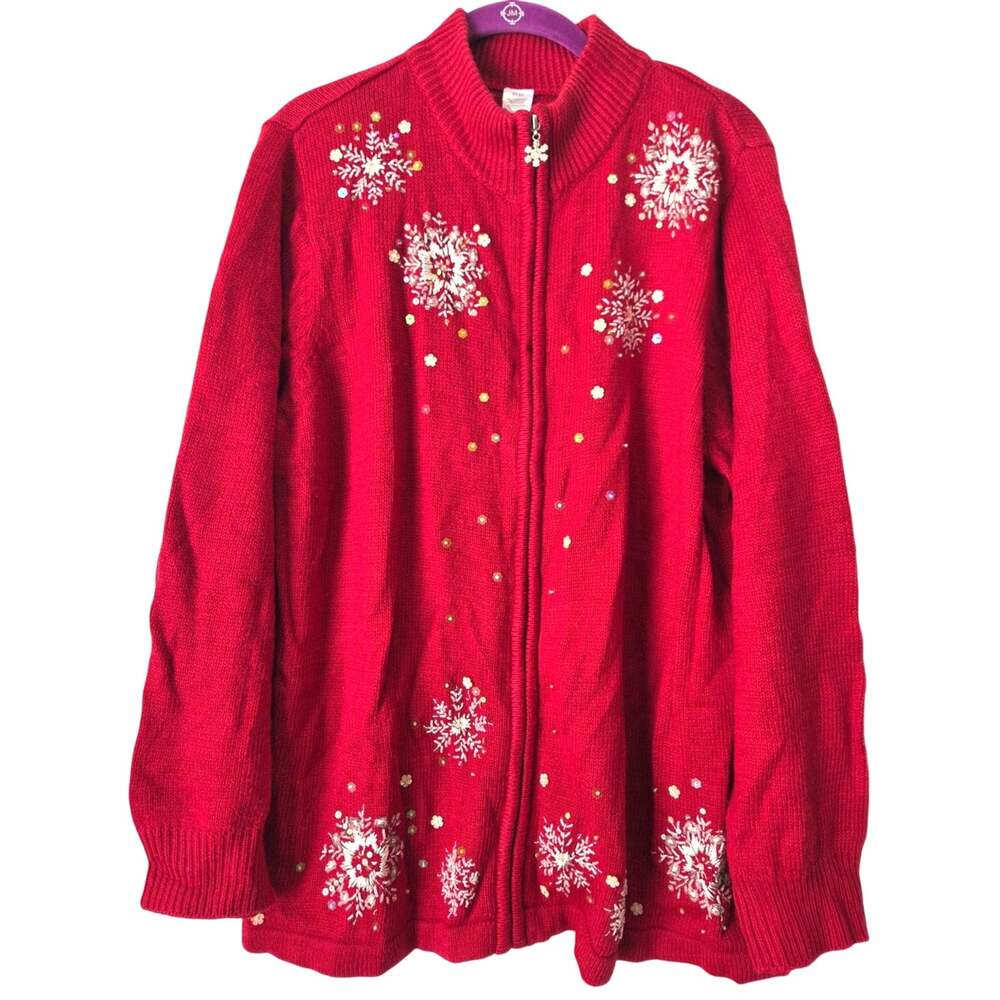 Vintage 90s Y2K Red Knit Holiday Cardigan Zip up Snowflakes Sequin Women 2X Tall